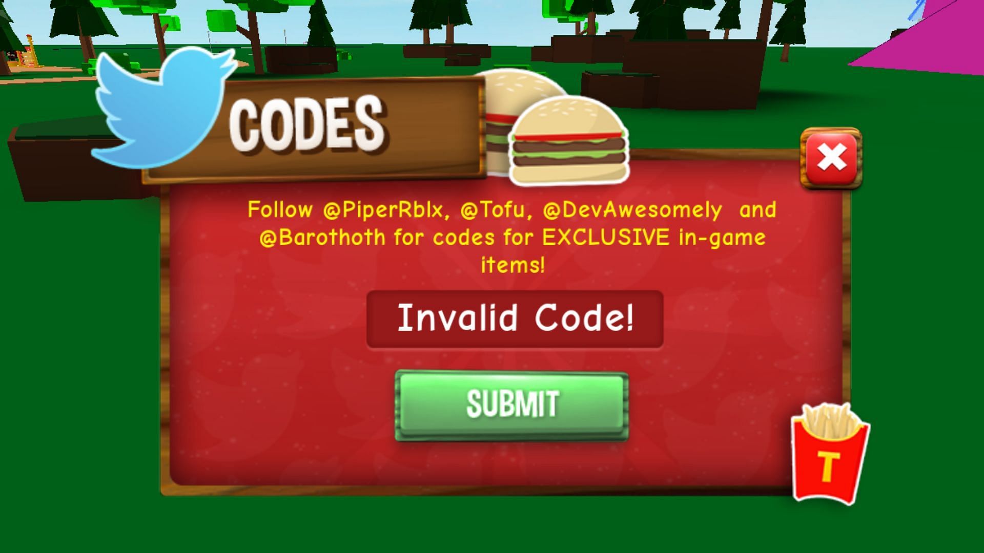 The "Invalid Code!" error in Munching Simulator (Image via Roblox)